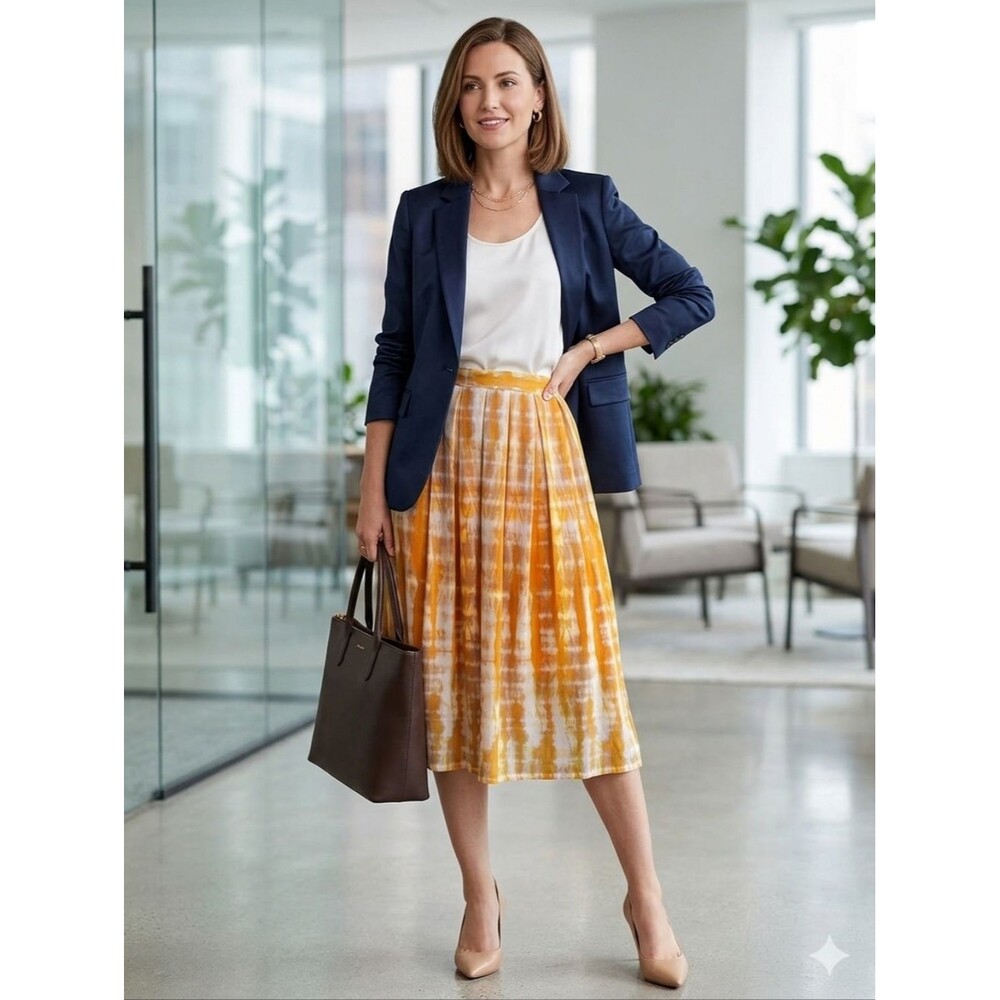 Who What Wear Yellow Tie-Dye Pleated Midi Skirt
